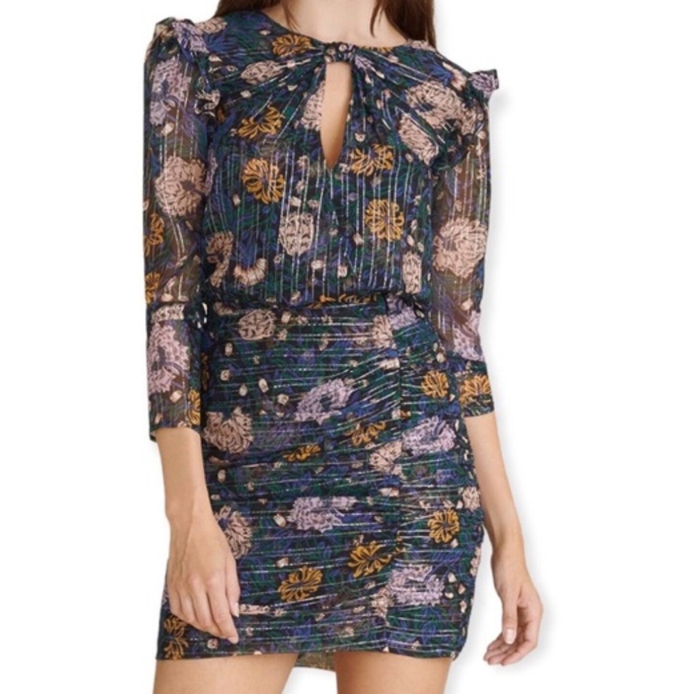 Veronica Beard Peppa Floral Silk Blouson Dress in Black Multi Metallic size 2